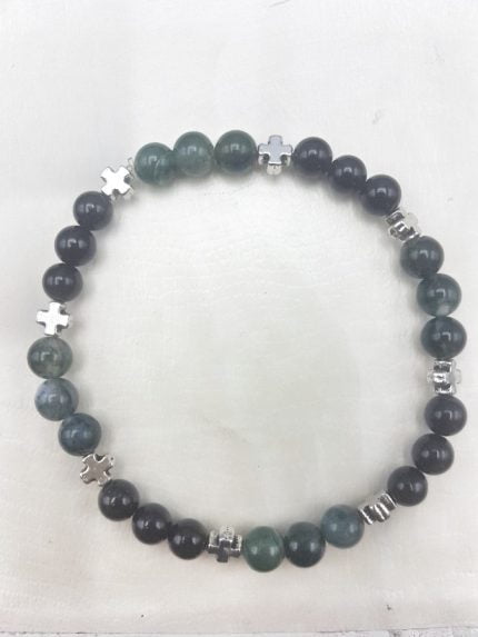 Bracciale con perline BRACCIALE DI AGATA MUSCHIATA E ONICE NERA ELASTICO e ciondoli in argento.