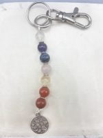 A KEYCHAIN WITH TREE OF LIFE AND SEVEN CHAKRA COLORS with a rainbow-colored stone and a silver coin.