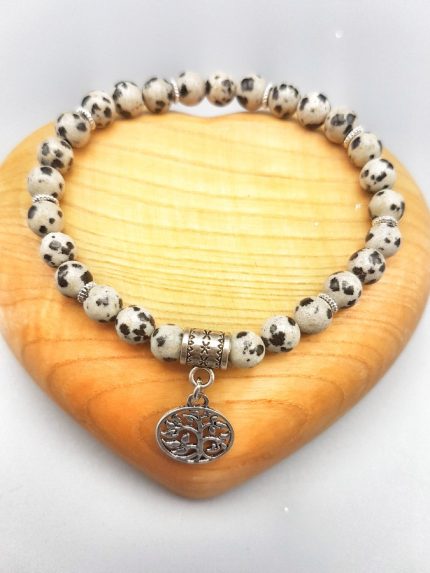 DALMATIAN JASPER BRACELET WITH WAIST TREE PENDANT black and white with silver charm.