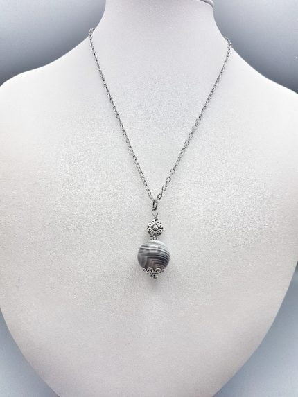 Silver necklace with grey stone SPHERICAL BOTSWANA AGATE PENDANT.
