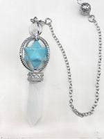 Necklace with ROCK CRYSTAL PENDULUM AND MERKABAH stone in light blue howlite and silver chain.