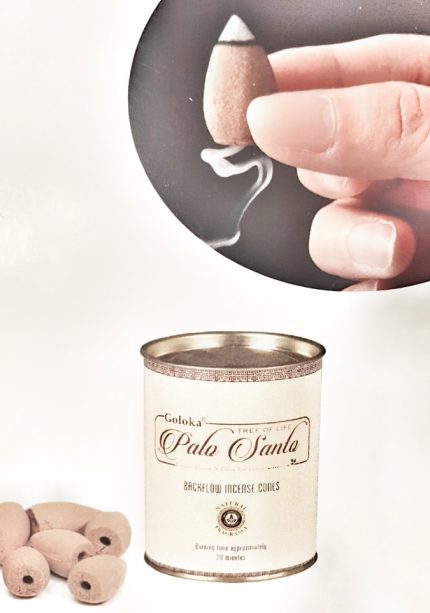 A person is holding a jar with PALO SANTO GOLOKA INCENSE IN CONES inside.