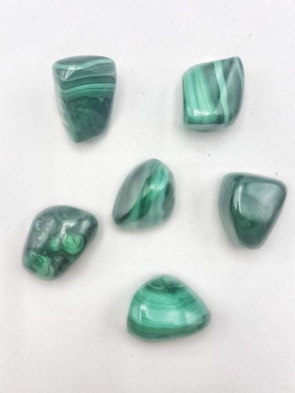 Cinque pietre MALACHITE BURATTATA su una superficie bianca.