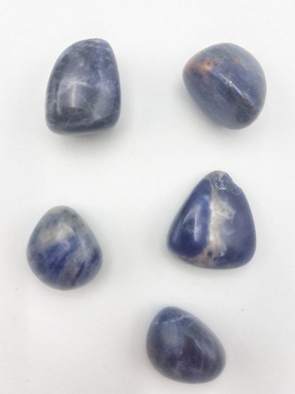 Una collezione di pietre SODALITE BURATTATA su una superficie bianca.