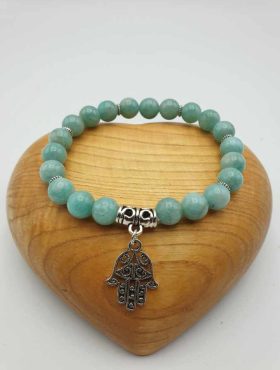Amazonite bracelet with hamsa charm in sterling silver.