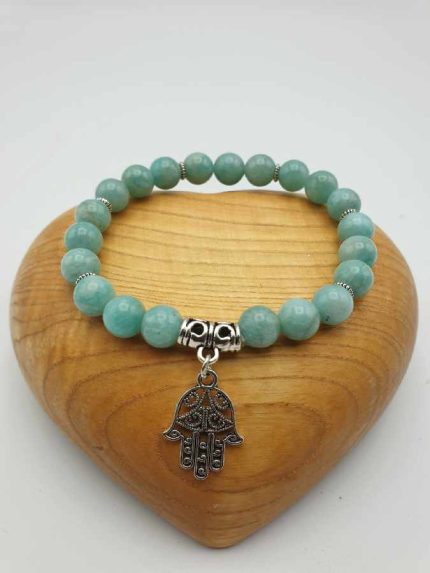 Amazonite bracelet with hamsa charm in sterling silver.