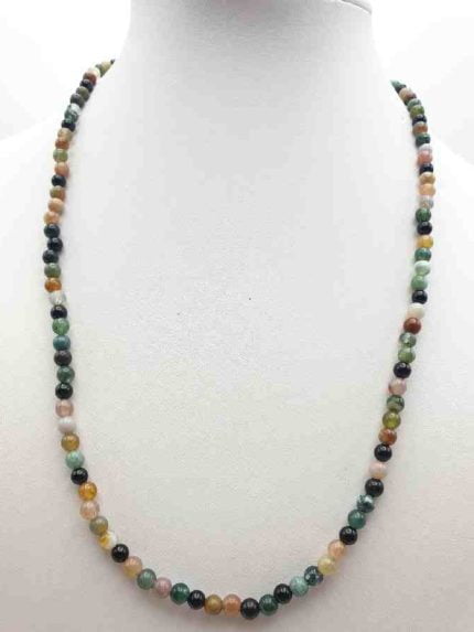 A mannequin wearing a MEN'S NECKLACE WITH INDIAN AGATE AND BLACK ONYX DIAMETER 4 MM adorned with multicolored beads.