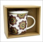 Una Tazza mug infusore mandala rosso in una scatola di cartone.
