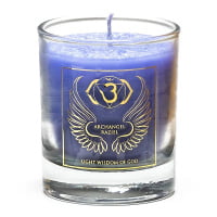 A blue SCENTED ARCANGELO RAZIEL VOTIVE CANDLE with the om symbol on it, scented with votive perfume.